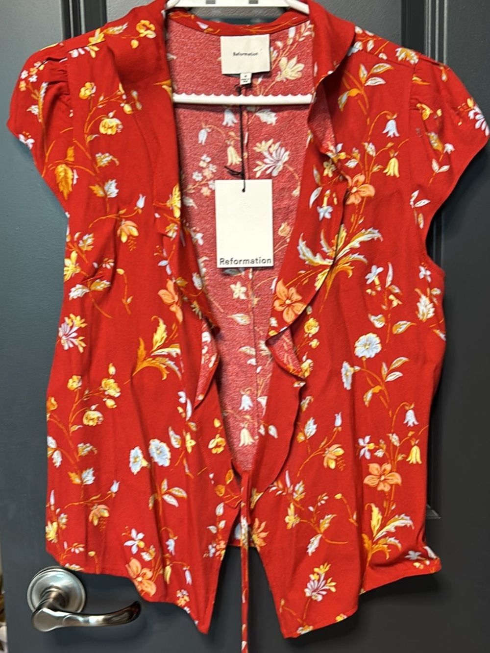 Reformation Red Floral Ruffle-Front Blouse